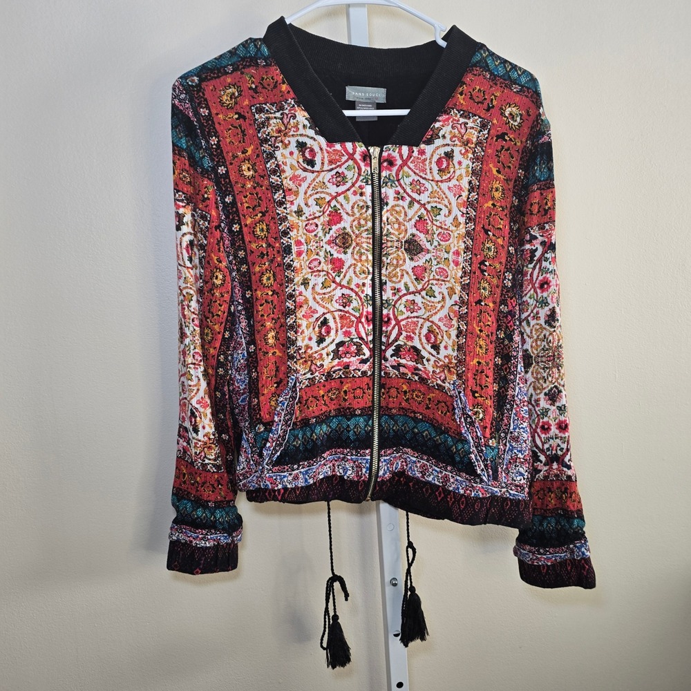 Sans Souci Women M Mediano Bomber Jacket Zip Front Tassels‎ Geometric Print